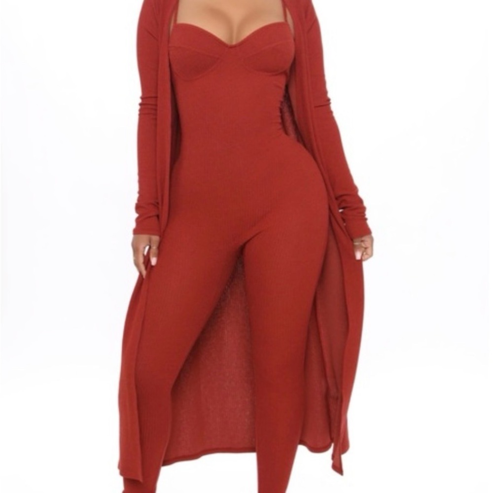 Fashion Nova Rust Jumpsuit with Long Cardigan
